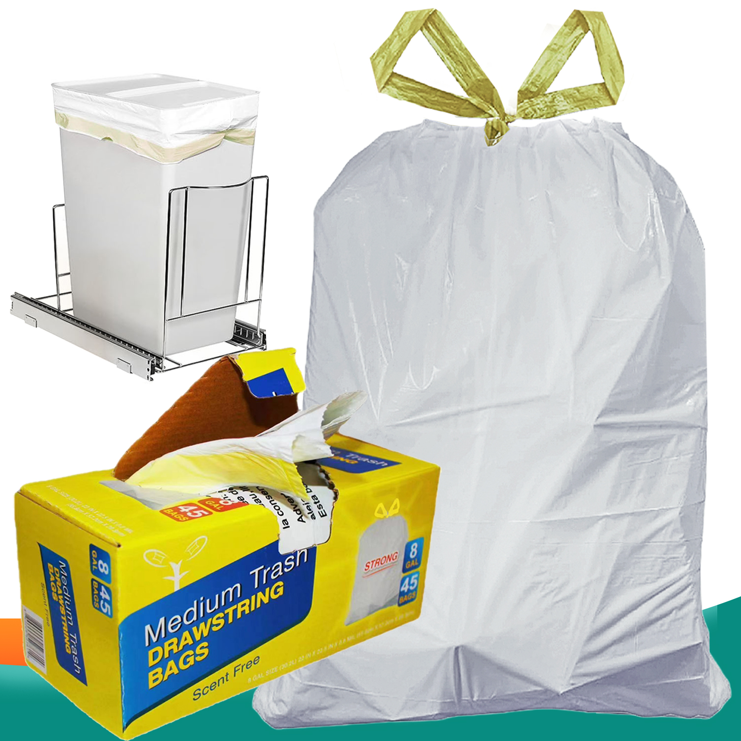 Houzio, 0.8 Mil Ultra Strong 8 Gallon Drawstring Trash Bags , Medium Garbage bags for Bathroom, Bedr